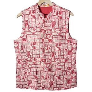 Fabindia Abstract Print Cotton Waistcoat Nehru Button Up Vest Salmon Pink Cream